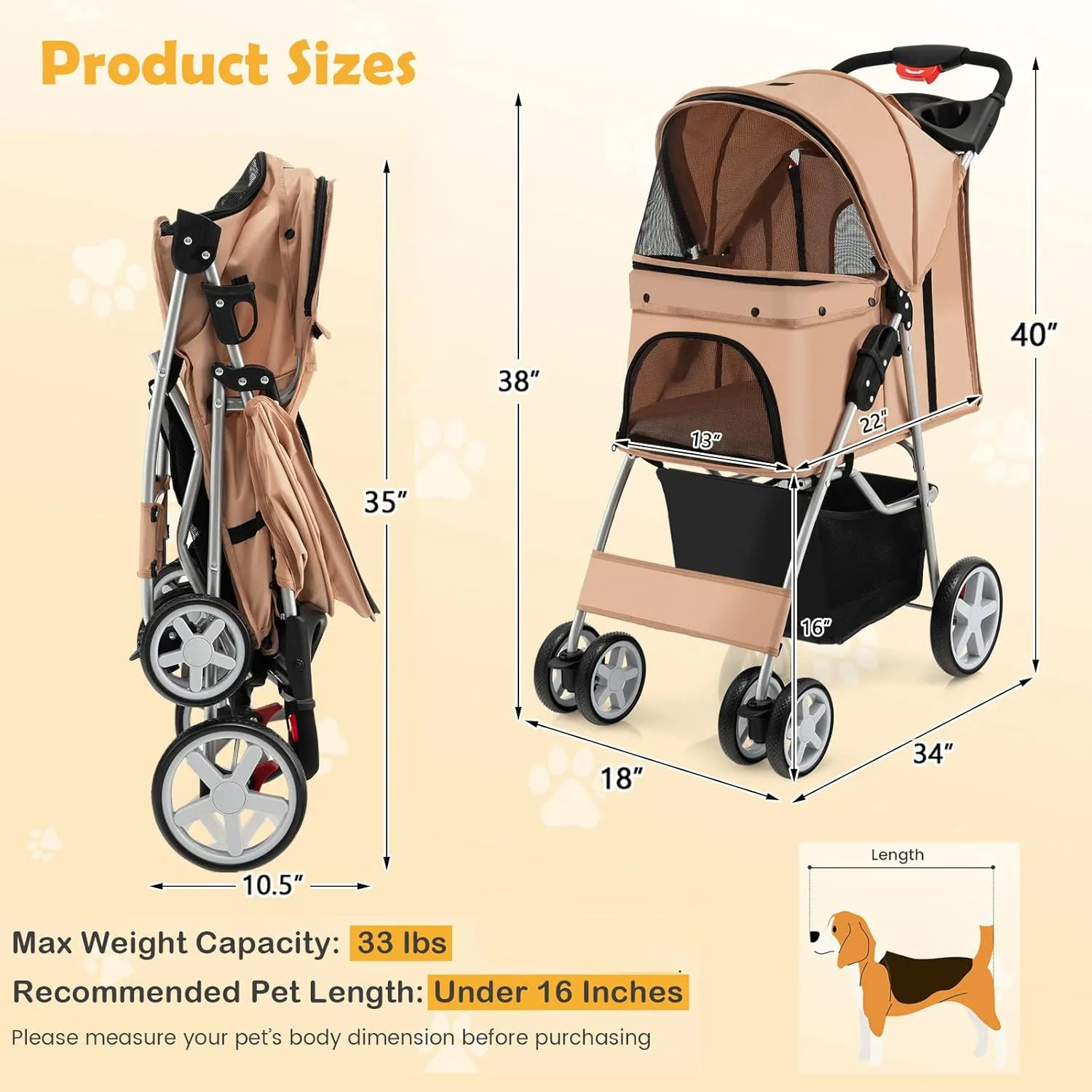Giantex Folding Dog Stroller for Small Medium Dogs Cats Puppy, 4 Lockable Wheels Cat Stroller Pet Travel Carrier Strolling Cart, Safety Belt, Removable Liner and Storage Basket (Beige)