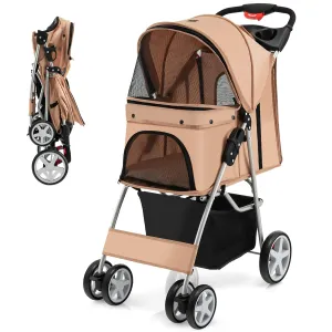 Giantex Folding Dog Stroller for Small Medium Dogs Cats Puppy, 4 Lockable Wheels Cat Stroller Pet Travel Carrier Strolling Cart, Safety Belt, Removable Liner and Storage Basket (Beige)