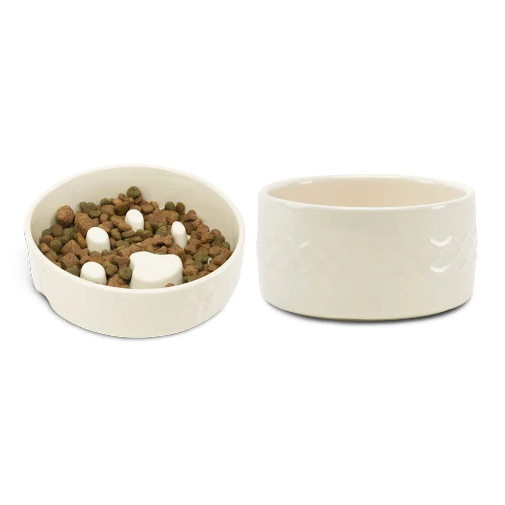 Icon 2 Piece Dog Slow Feeder & Water Bowl Set - 16cm | 15cm - Cream