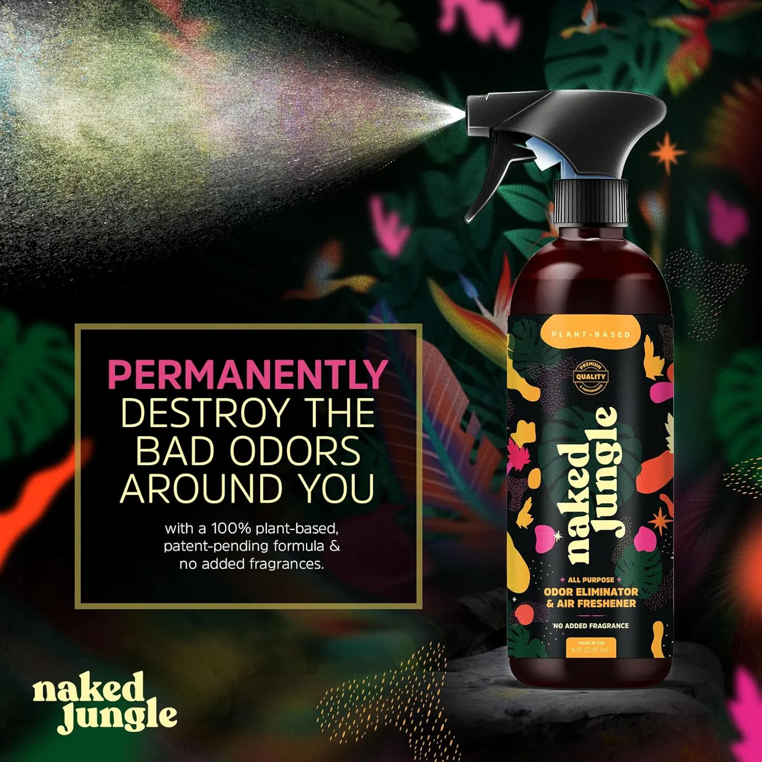 Naked Jungle Premium Plant-Based Odor Eliminator for Strong Odors, Air Freshener Spray, Non Toxic Air Fresheners For Home, Room Deodorizer, No Added Fragrances (16oz, 24oz & 32oz)