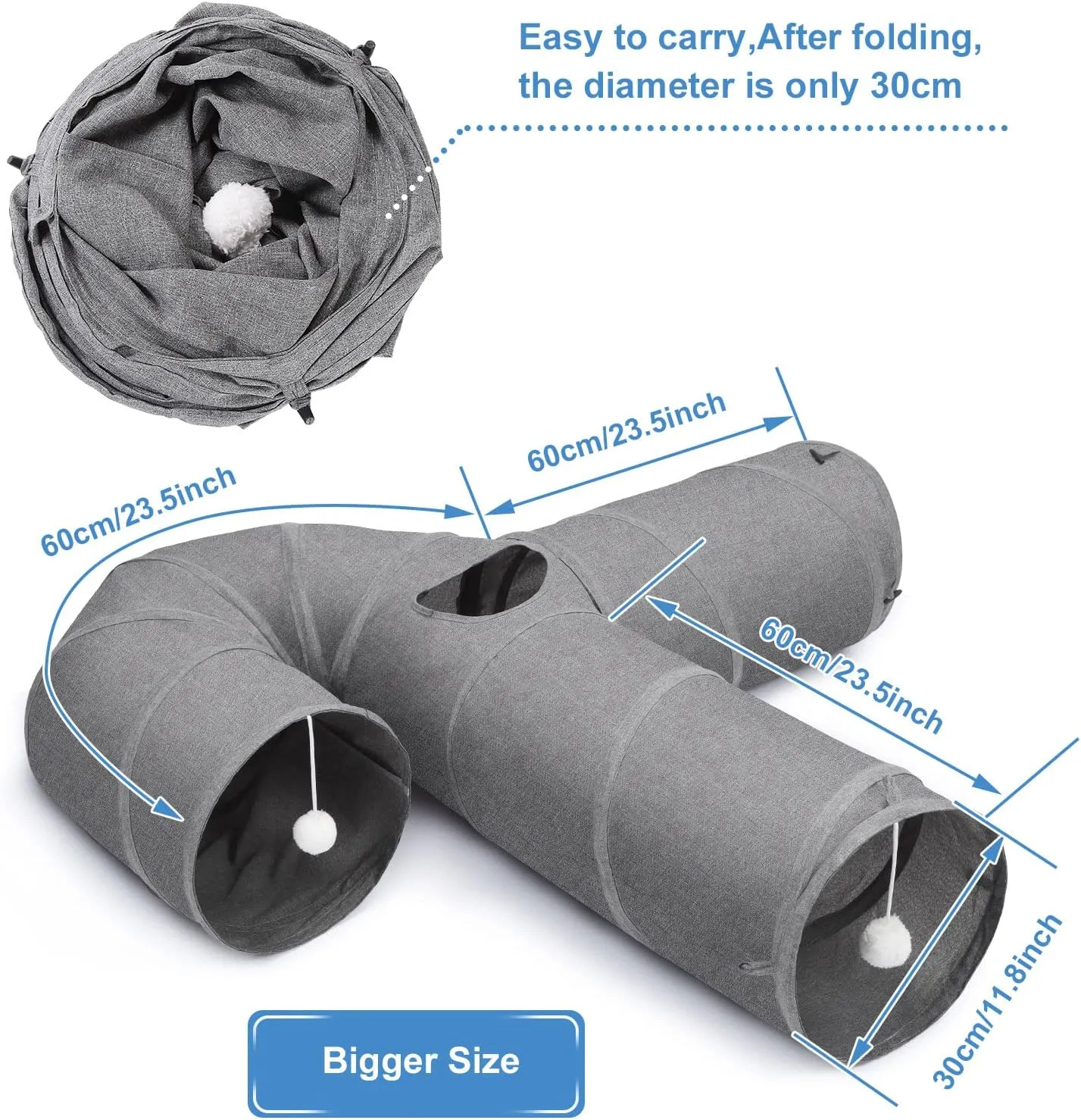Ownpets Cat Tunnel 12 Inches in Diameter Larger Pet Tunnel Tube with Plush Ball & Feather Toy, U-Shaped Cat Play Tunnel for Big Cat, Puppy and Rabbits