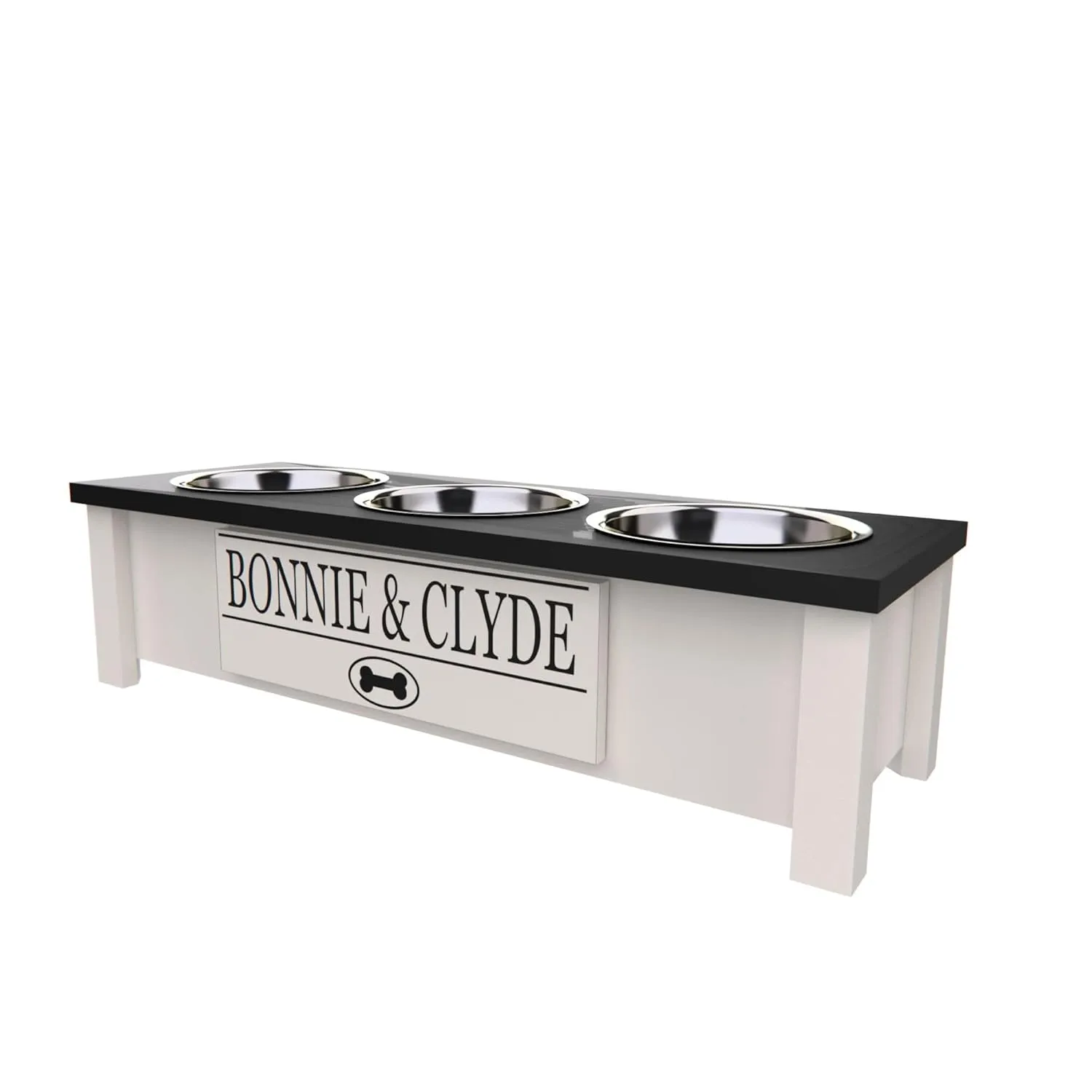 Personalized Elevated Triple Dog Bowl Stand for Large, Medium, Small, X-Small Dogs - 3 Stainless Steel Food and Water Bowls - Raised Dog Dish with Internal Storage (Small, Black)