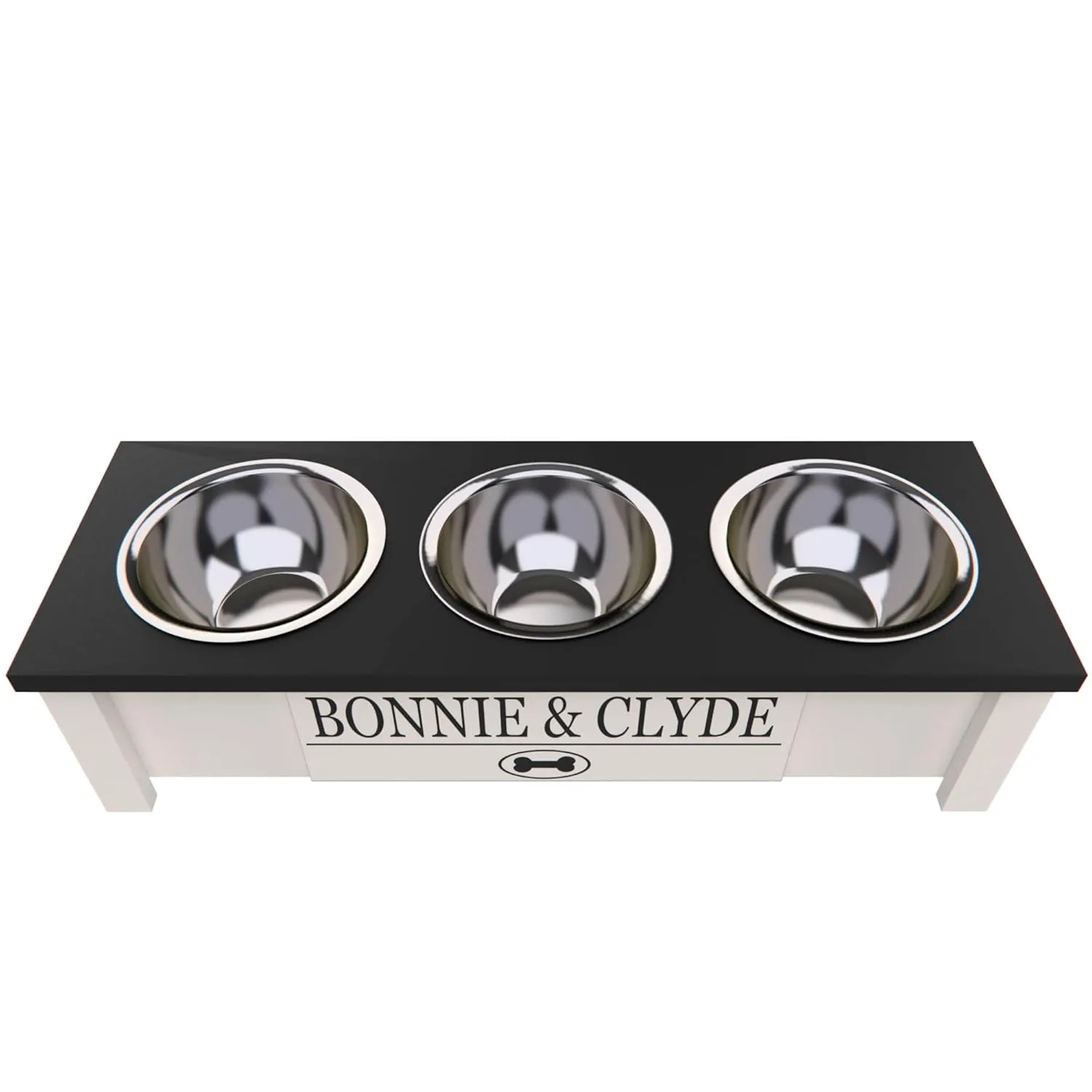 Personalized Elevated Triple Dog Bowl Stand for Large, Medium, Small, X-Small Dogs - 3 Stainless Steel Food and Water Bowls - Raised Dog Dish with Internal Storage (Small, Black)
