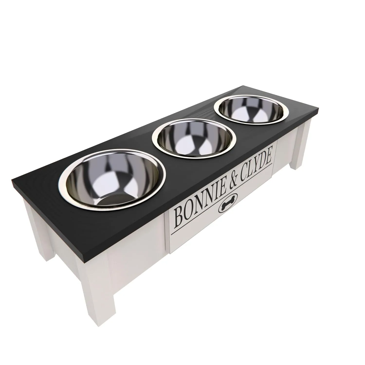 Personalized Elevated Triple Dog Bowl Stand for Large, Medium, Small, X-Small Dogs - 3 Stainless Steel Food and Water Bowls - Raised Dog Dish with Internal Storage (Small, Black)