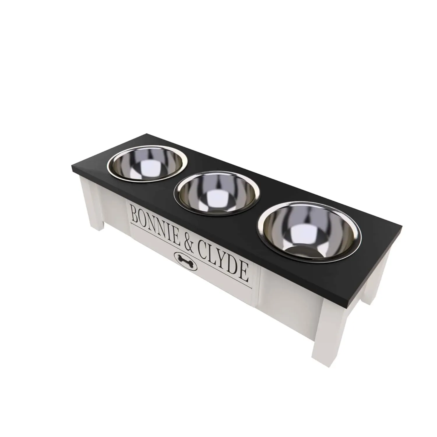 Personalized Elevated Triple Dog Bowl Stand for Large, Medium, Small, X-Small Dogs - 3 Stainless Steel Food and Water Bowls - Raised Dog Dish with Internal Storage (Small, Black)