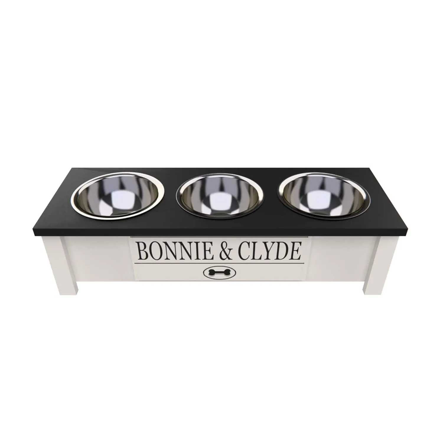 Personalized Elevated Triple Dog Bowl Stand for Large, Medium, Small, X-Small Dogs - 3 Stainless Steel Food and Water Bowls - Raised Dog Dish with Internal Storage (Small, Black)