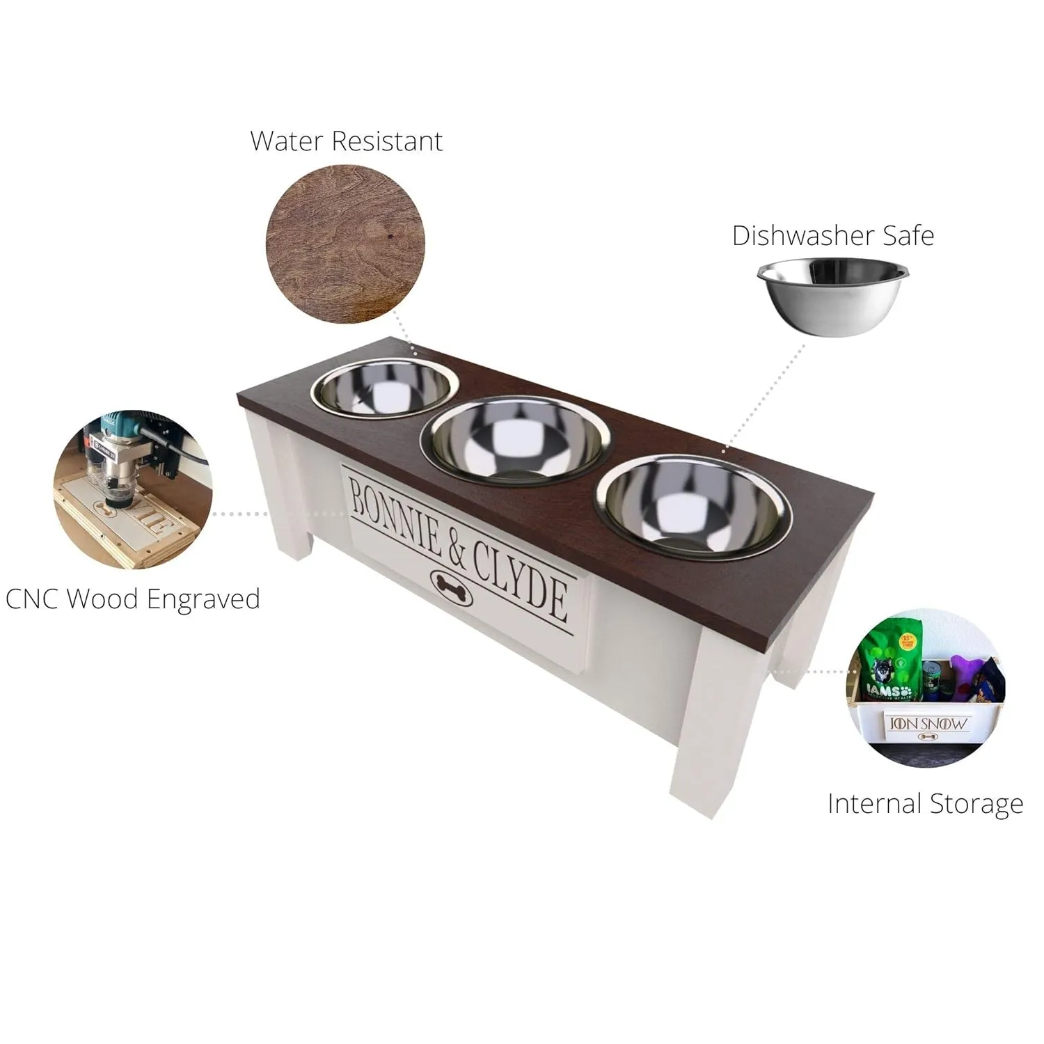Personalized Elevated Triple Dog Bowl Stand for Large, Medium, Small, X-Small Dogs - 3 Stainless Steel Food and Water Bowls - Raised Dog Dish with Internal Storage (Small, Black)