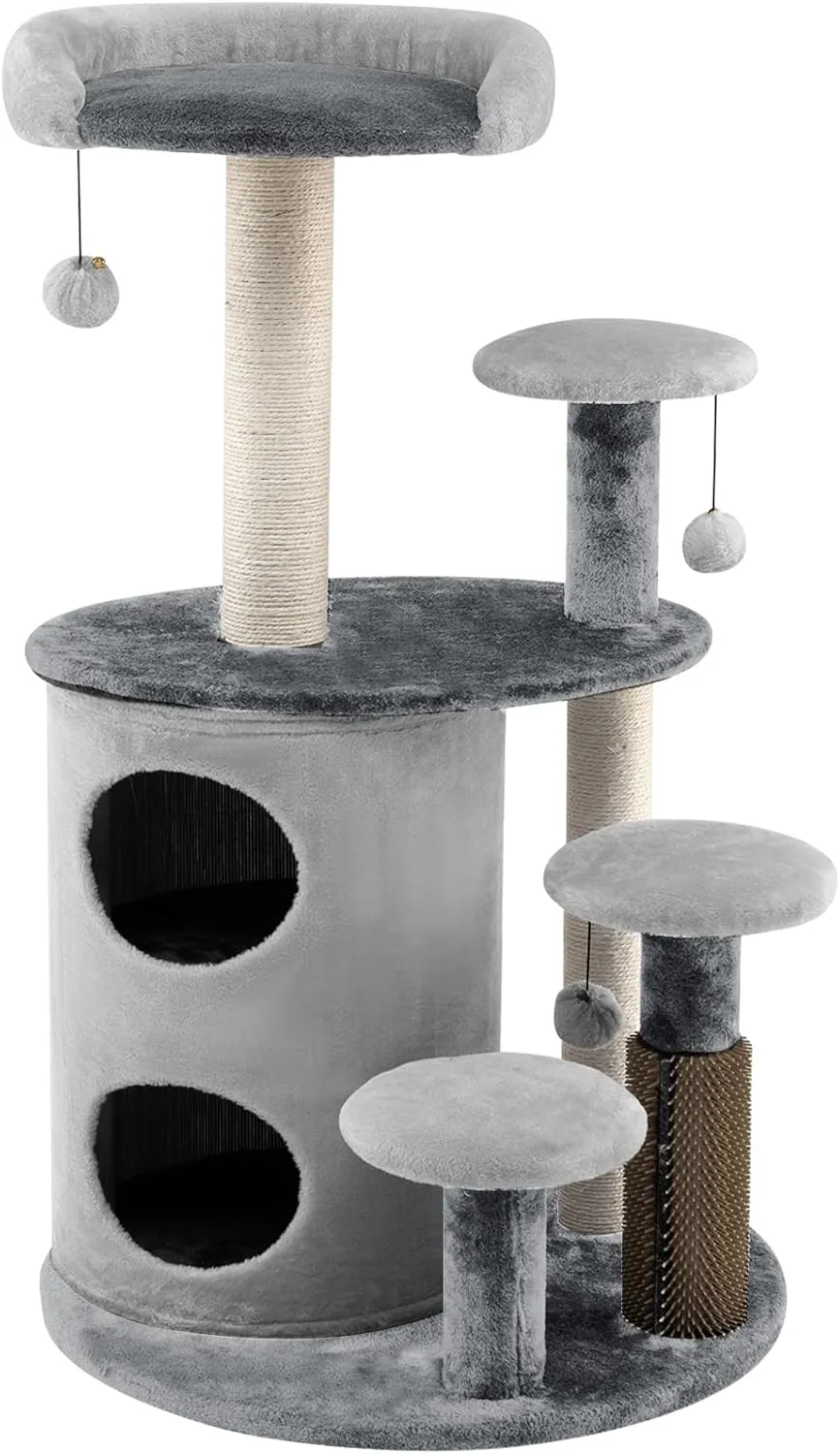 PETSITE 40 Inch Cat Tree for Indoor Cats, Multi-Level Cat Tower with 2 Condos, Scratching Posts & Self Groomer, Modern Cat Tree for Large Cats 20 lbs Heavy Duty, Grey