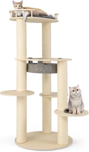 PETSITE 59 inch Tall Cat Tree Tower, Multi-Level Cat Tower with Sisal Scratching Posts, Non-Woven Cat Hammock, Cozy Top Perch, and 3 Jumping Platforms, Modern Wood Cat Tree for Indoor Cats Large