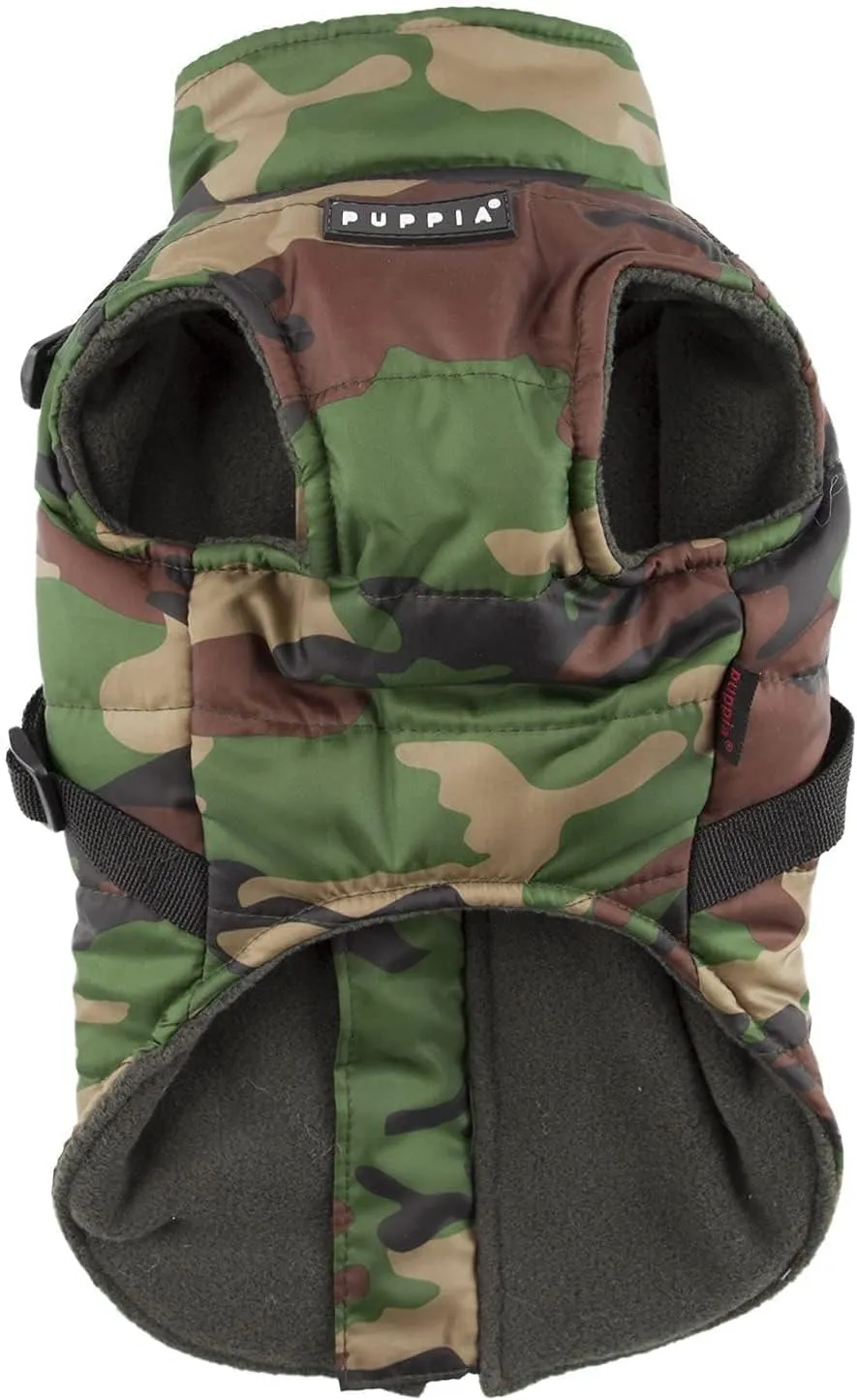 Puppia Mountaineer Winter Dog Coat with integrated harness No Pull Cold Weather Waterproof Warm Fleece Back Zipper for Small & Medium Dog, CAMO, Large