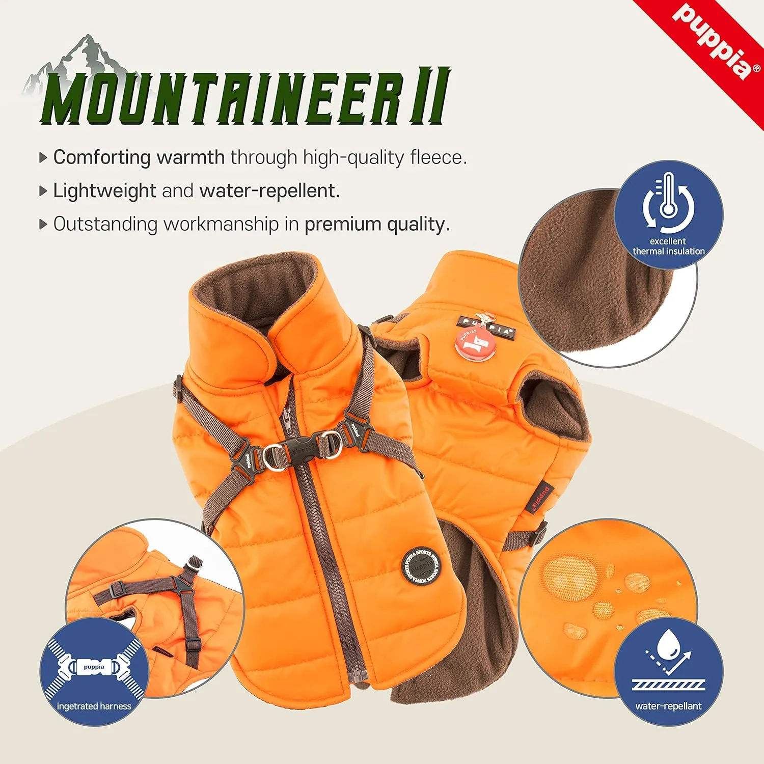 Puppia Mountaineer Winter Dog Coat with integrated harness No Pull Cold Weather Waterproof Warm Fleece Back Zipper for Small & Medium Dog, CAMO, Large