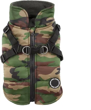 Puppia Mountaineer Winter Dog Coat with integrated harness No Pull Cold Weather Waterproof Warm Fleece Back Zipper for Small & Medium Dog, CAMO, Large