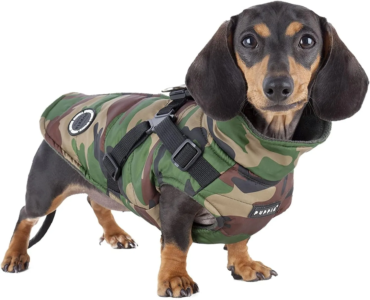 Puppia Mountaineer Winter Dog Coat with integrated harness No Pull Cold Weather Waterproof Warm Fleece Back Zipper for Small & Medium Dog, CAMO, Large