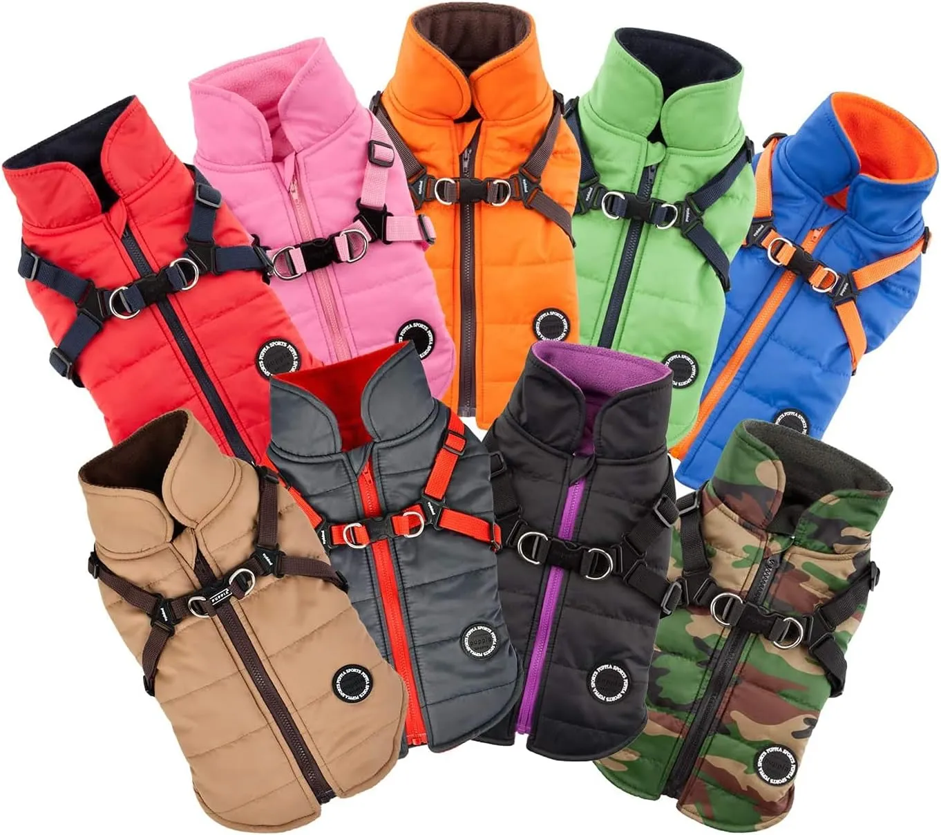 Puppia Mountaineer Winter Dog Coat with integrated harness No Pull Cold Weather Waterproof Warm Fleece Back Zipper for Small & Medium Dog, CAMO, Large