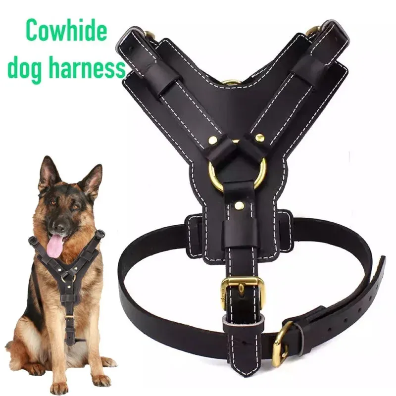 Real Leather Dog Harness with Leash Adjustable Strap German Shepherd Labrador Pitbull Husky Training Dog Vest Pet Products