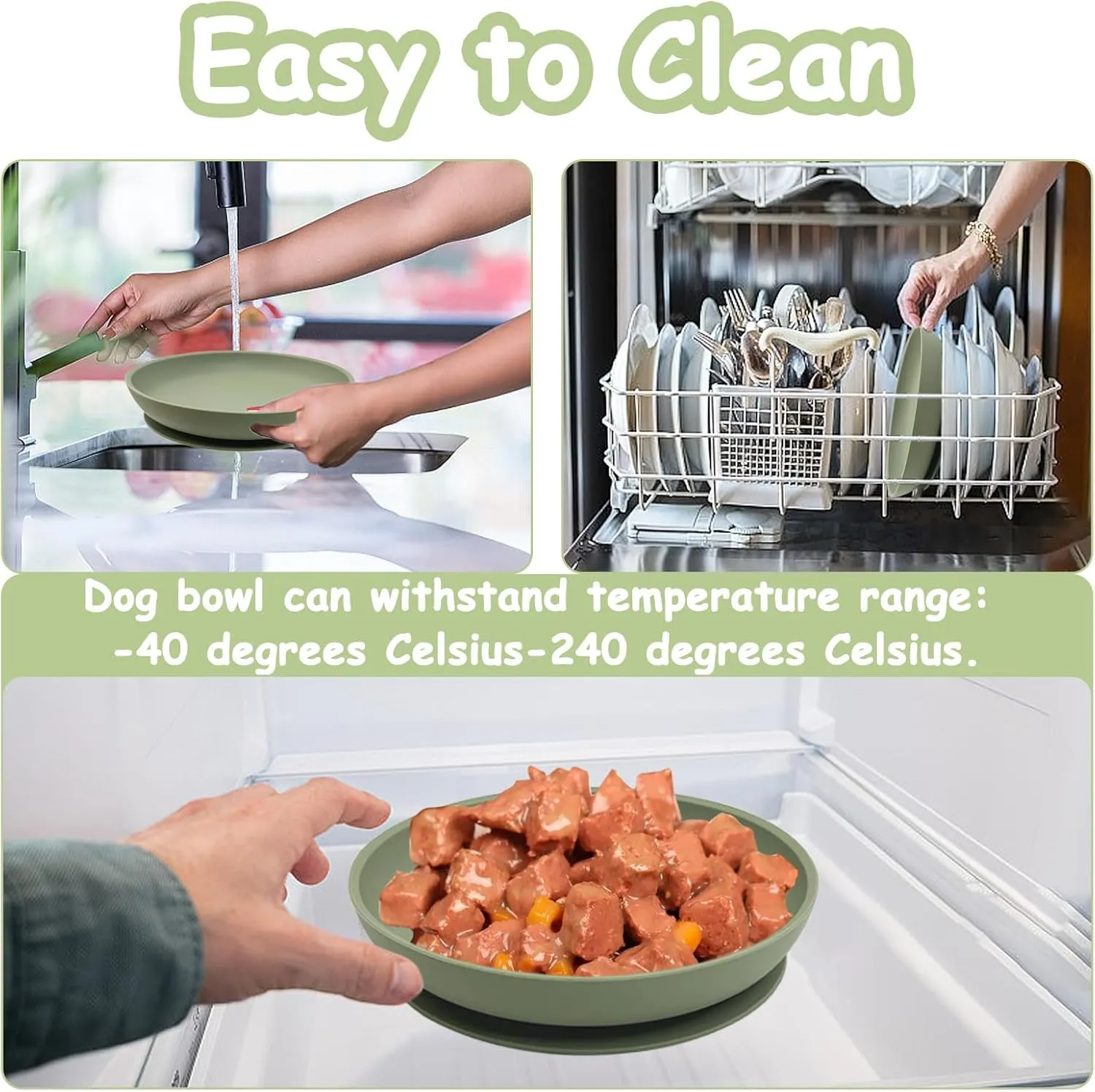Silicone Dog Bowl Set of 2-7.7in No Spill Puppy Food and Water Dish Less Mess Cat Plates with Suction Cup Non-Tippable Feeding Bowls for Small & Medium-Sized Pets (Round Green)