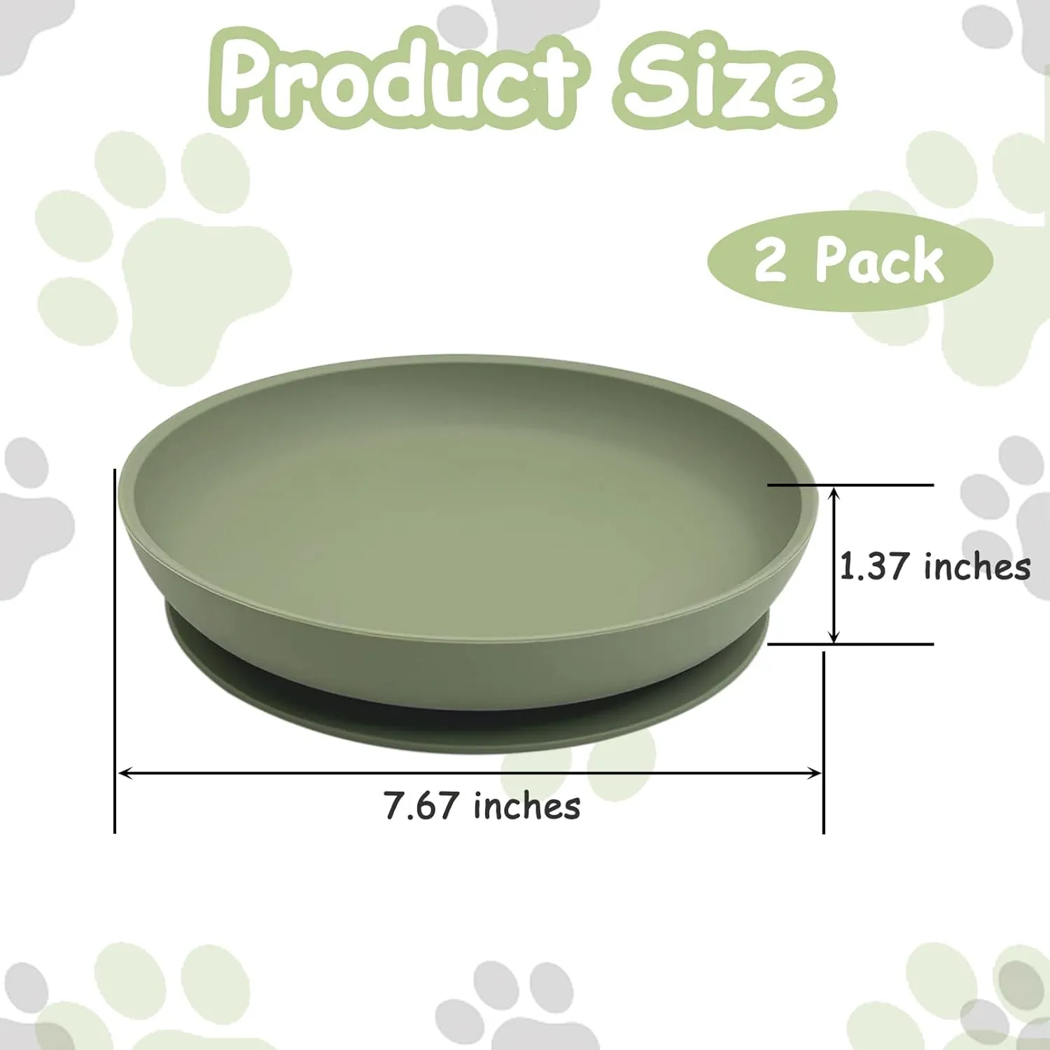 Silicone Dog Bowl Set of 2-7.7in No Spill Puppy Food and Water Dish Less Mess Cat Plates with Suction Cup Non-Tippable Feeding Bowls for Small & Medium-Sized Pets (Round Green)