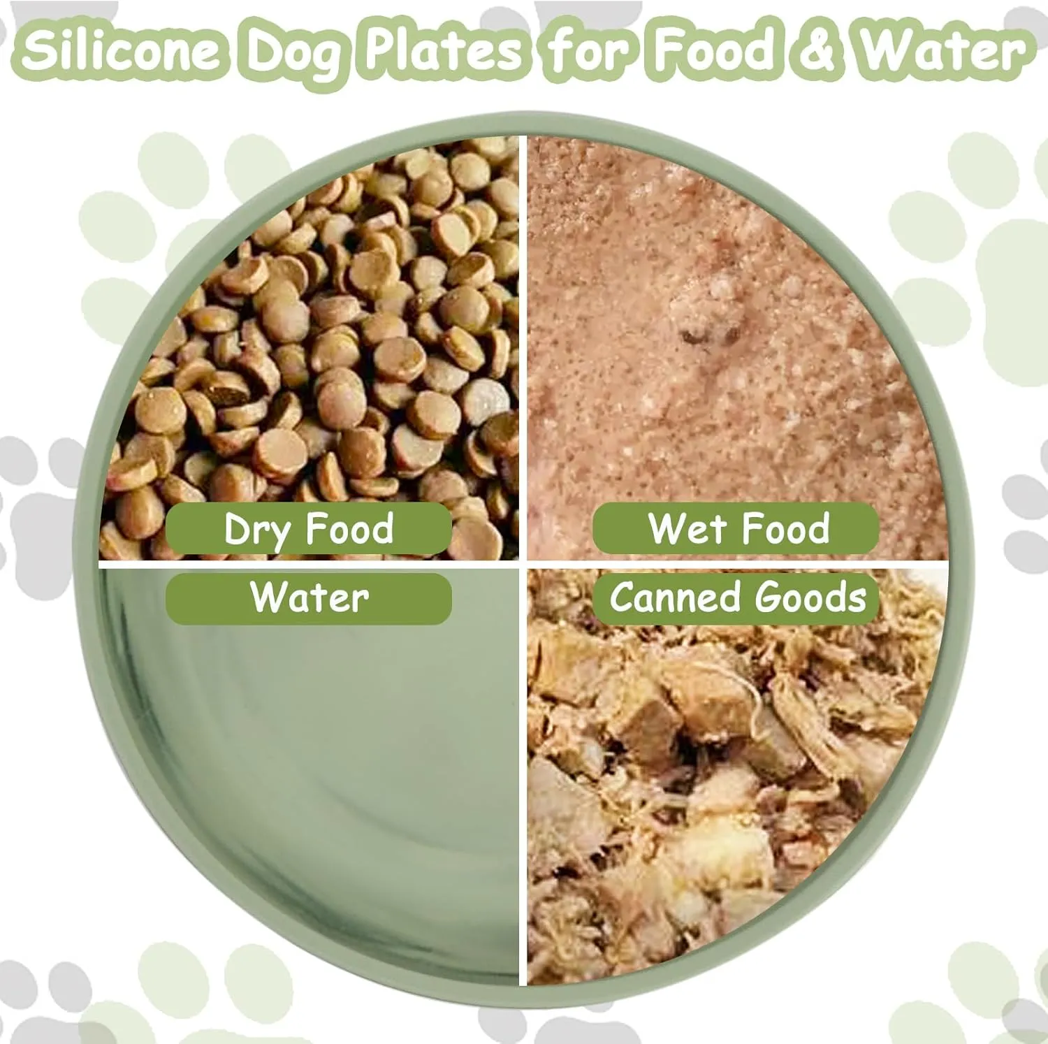 Silicone Dog Bowl Set of 2-7.7in No Spill Puppy Food and Water Dish Less Mess Cat Plates with Suction Cup Non-Tippable Feeding Bowls for Small & Medium-Sized Pets (Round Green)
