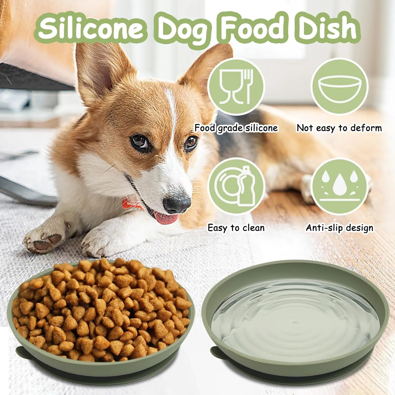 Silicone Dog Bowl Set of 2-7.7in No Spill Puppy Food and Water Dish Less Mess Cat Plates with Suction Cup Non-Tippable Feeding Bowls for Small & Medium-Sized Pets (Round Green)