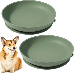 Silicone Dog Bowl Set of 2-7.7in No Spill Puppy Food and Water Dish Less Mess Cat Plates with Suction Cup Non-Tippable Feeding Bowls for Small & Medium-Sized Pets (Round Green)