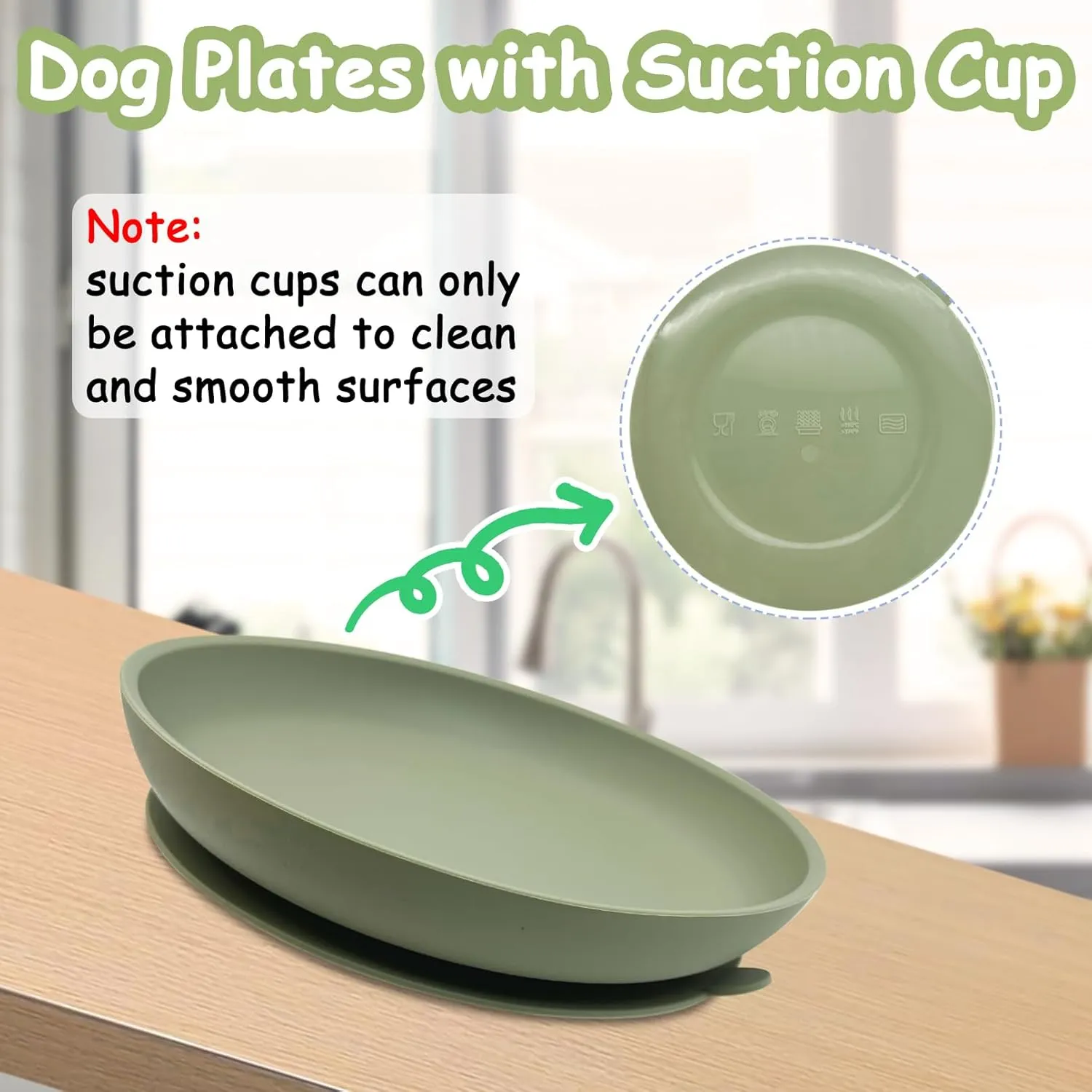 Silicone Dog Bowl Set of 2-7.7in No Spill Puppy Food and Water Dish Less Mess Cat Plates with Suction Cup Non-Tippable Feeding Bowls for Small & Medium-Sized Pets (Round Green)