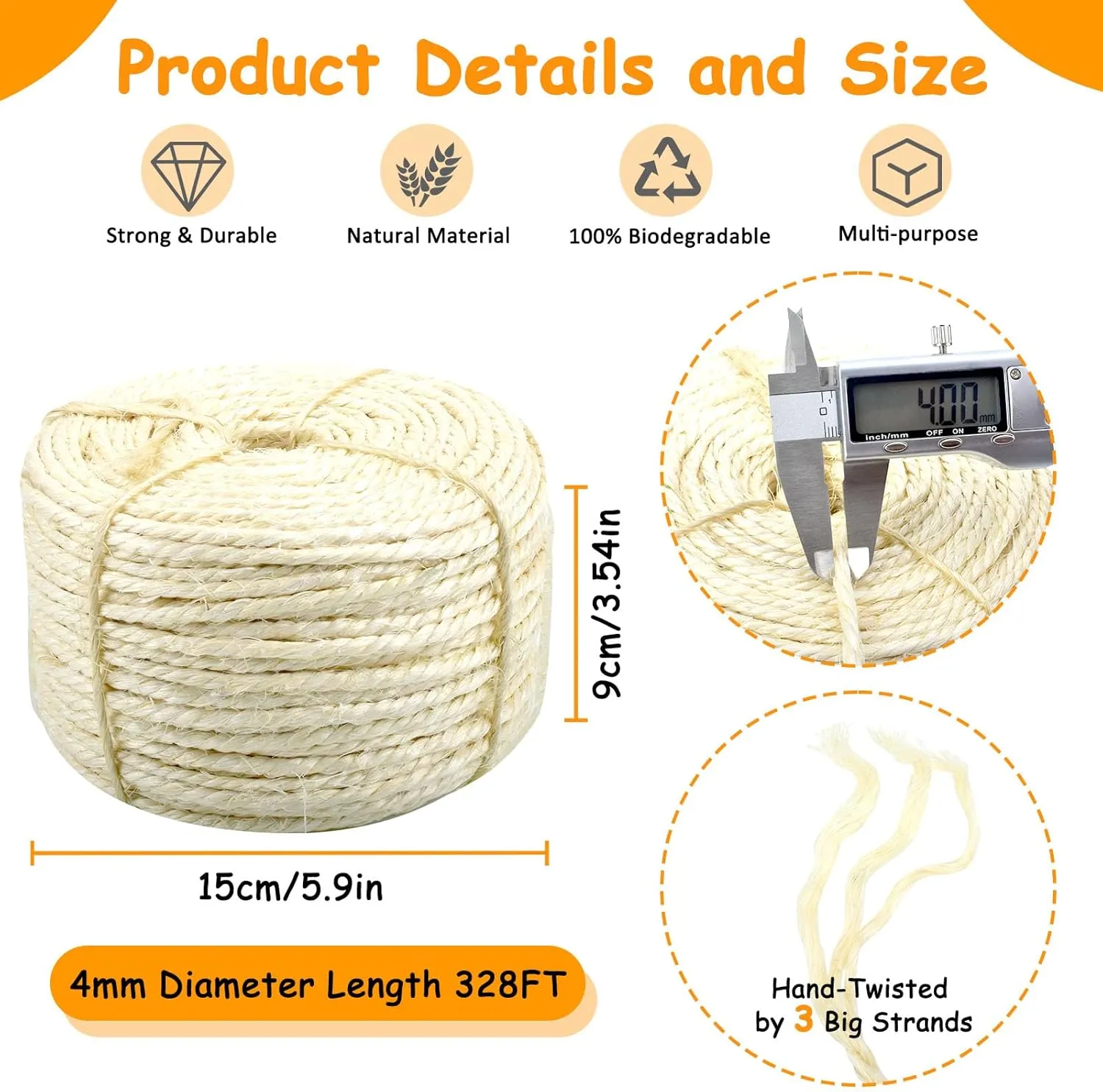 Sisal Rope for Cat Scratcher 4mm Diameter 328 FT Cat Natural Sisal Rope for Repairing Cat Scratching Post Cat Tower Repair Rope Cat Tree Rope Replace Recovering and DIY