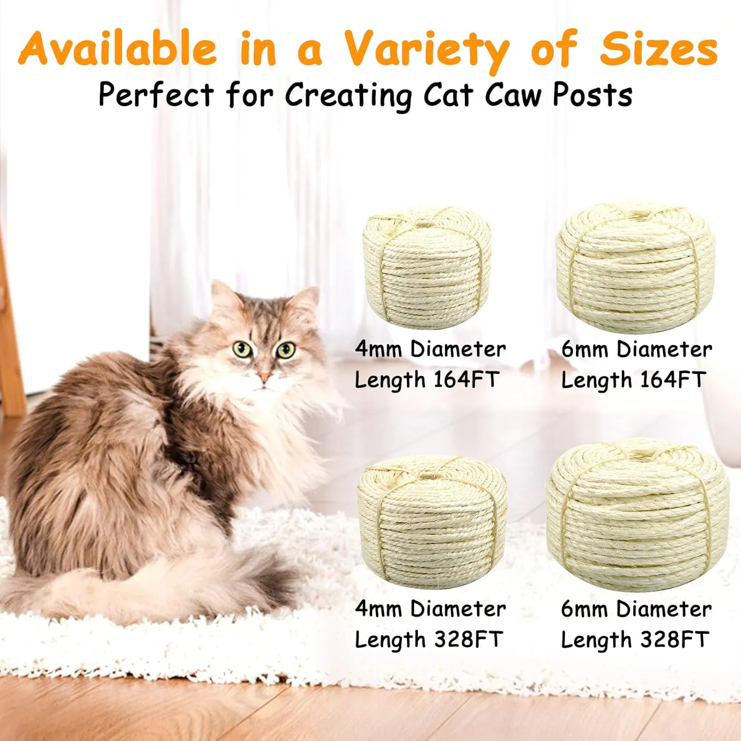 Sisal Rope for Cat Scratcher 4mm Diameter 328 FT Cat Natural Sisal Rope for Repairing Cat Scratching Post Cat Tower Repair Rope Cat Tree Rope Replace Recovering and DIY