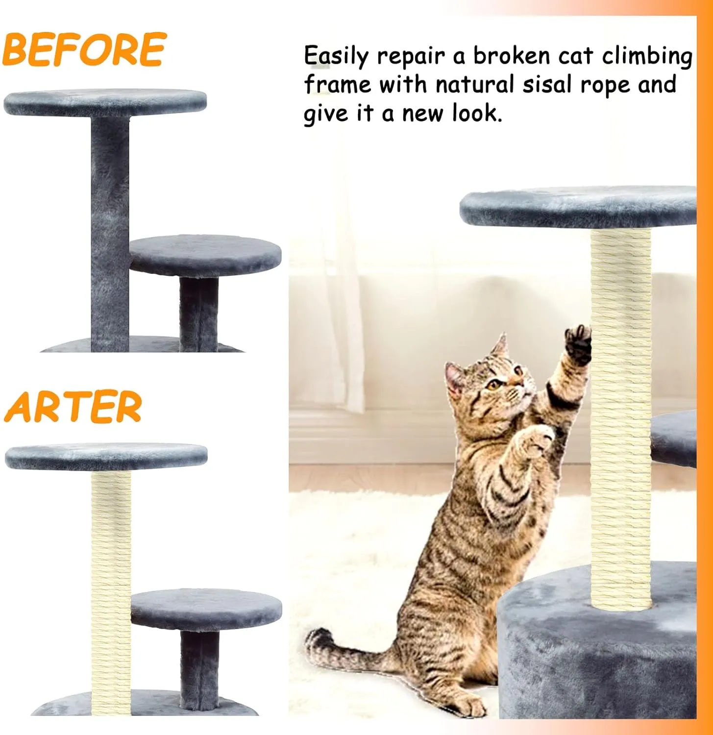 Sisal Rope for Cat Scratcher 4mm Diameter 328 FT Cat Natural Sisal Rope for Repairing Cat Scratching Post Cat Tower Repair Rope Cat Tree Rope Replace Recovering and DIY