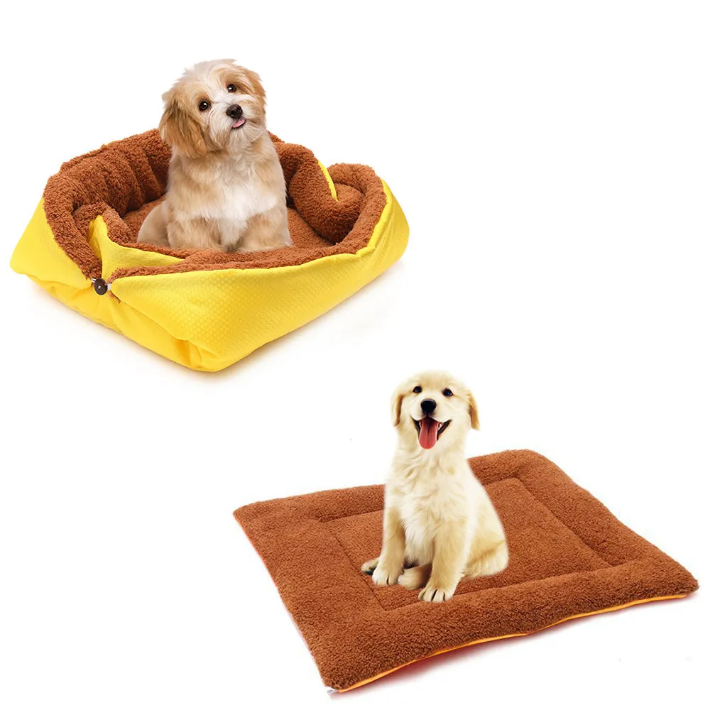 SOGA Yellow Dual purpose Cushion Nest Cat Dog Bed Warm Plush Kennel Mat Pet Home Travel Essentials